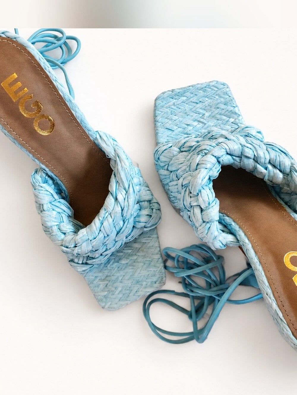 EGO Baby Blue Woven Lace-Up Square Toe Heels | Size US 8